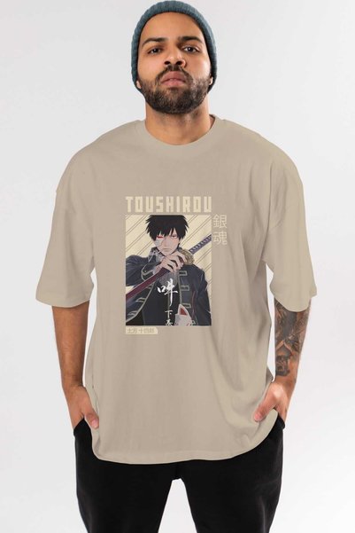 Ankhises Toushirou Hijikata Anime Front Štampano Bež Oversize kroj T-shirt Mu...
