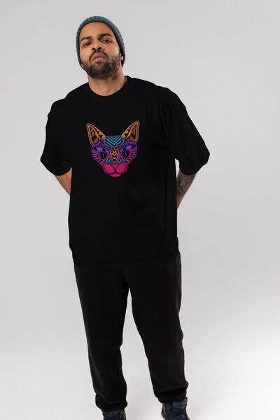 Ankhises Crna neonska mačka prednja Štampano crna Oversize kroj T-shirt unise...