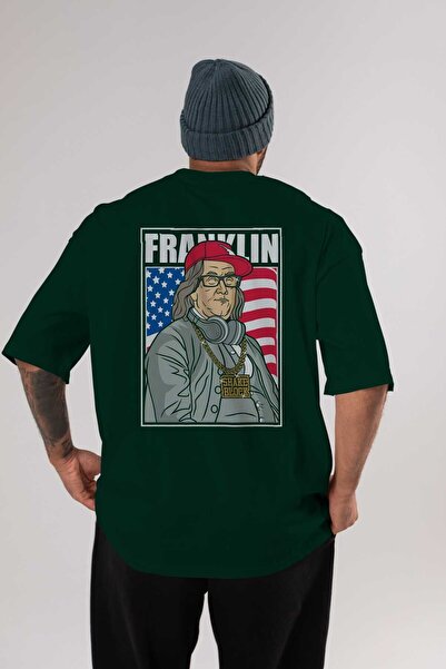 Ankhises Franklin Rapper Back Štampano Emerald Green Oversize kroj T-shirt Un...