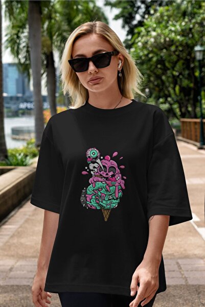 Ankhises Sladoled Zombie Front Štampano Crna Oversize kroj T-shirt Unisex Muš...