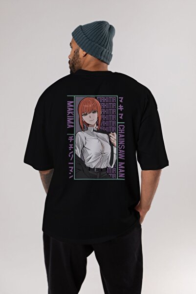Ankhises Makima Chain Saw Man Anime Arka Baskılı Siyah Oversize t-shirt Erkek...