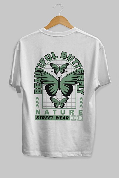Ankhises Prelepi leptir leđa Štampano bela Oversize kroj T-shirt unisex muška...