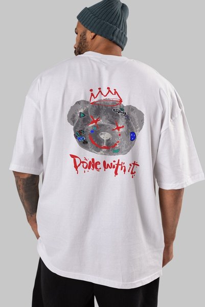 Ankhises Унисекс бела T-shirt Oversize kroj са Štampano медведа на леђима, ок...