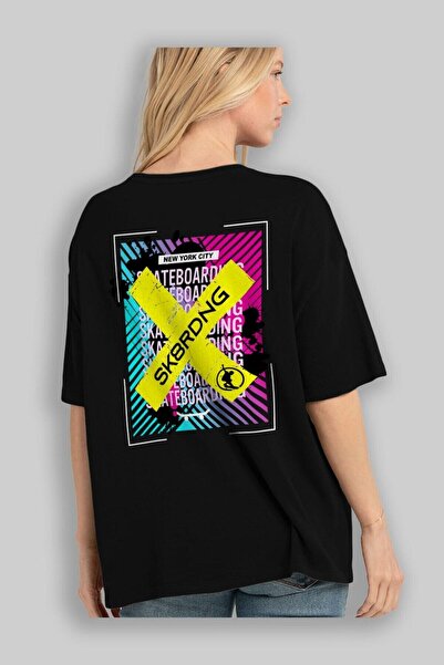 Ankhises Skateboard zadnji Štampano crni Oversize kroj T-shirt unisex muškarc...