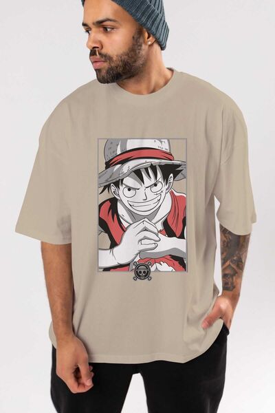 Ankhises LUFF D. MONKEY OnePiece Anime Front Štampano Bež Oversize kroj T-shi...