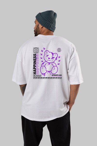 Ankhises Happiness Bear Back Štampano Bela Oversize kroj T-shirt Unisex Muška...