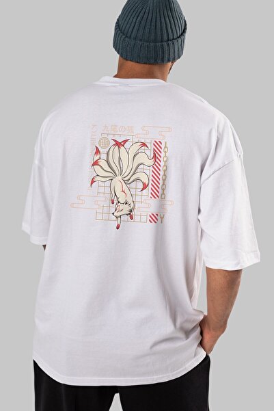 Ankhises Kyubi No Kitsune Leđa Štampano Bela Oversize kroj T-shirt Unisex Muš...