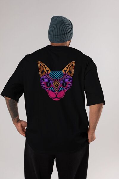 Ankhises Crna neonska mačka leđa Štampano crna Oversize kroj T-shirt muškarci...