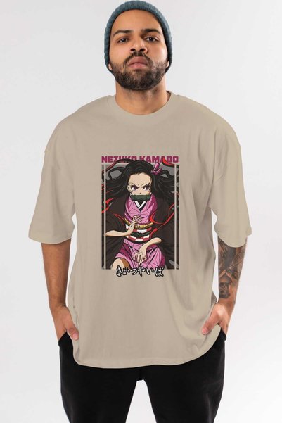 Ankhises Nezuko Kamado 1 Anime Prednja Štampano Bež Oversize kroj T-shirt Muš...