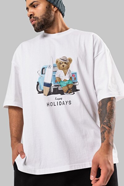 Ankhises Teddy Bear Surf Club μπροστινό εμπριμέ λευκό μπλουζάκι υπερμεγέθη αν...