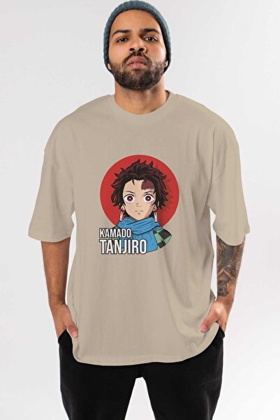 Ankhises TANJIRO KAMADO Anime Prednja strana Štampano Bež Oversize kroj T-shi...