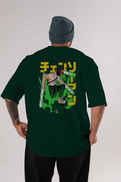 Ankhises CHAINSAWMAN DENJI Anime Back Štampano Emerald Green Oversize kroj T-...