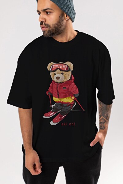 Ankhises Teddy Bear Ski în față Imprimat Negru Oversize Tricou Bărbați Femei ...
