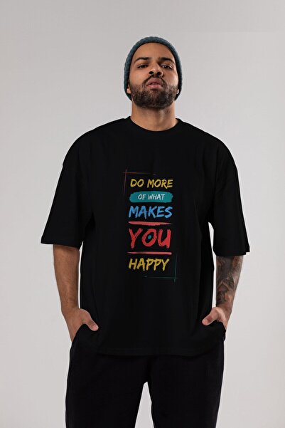 Ankhises Do More Happy Written Front Štampano Crna Oversize kroj T-shirt Unis...