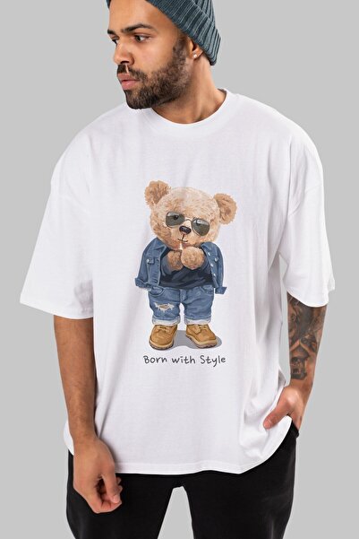 Ankhises Teddy Bear Born With Style εμπρός εμπριμέ λευκό μπλουζάκι υπερμεγέθη...