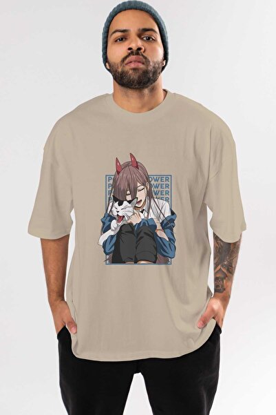 Ankhises POWER CHAINSAWMAN Anime Front Štampano Bež Oversize kroj T-shirt Muš...