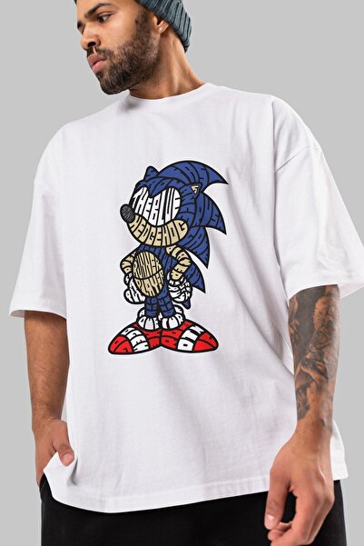 Ankhises The Blue Hedgehog μπροστινό εμπριμέ λευκό μπλουζάκι υπερμεγέθη Unise...