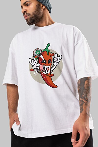 Ankhises Chili Monster εμπρός εμπριμέ λευκό μπλουζάκι υπερμεγέθη Unisex ανδρι...