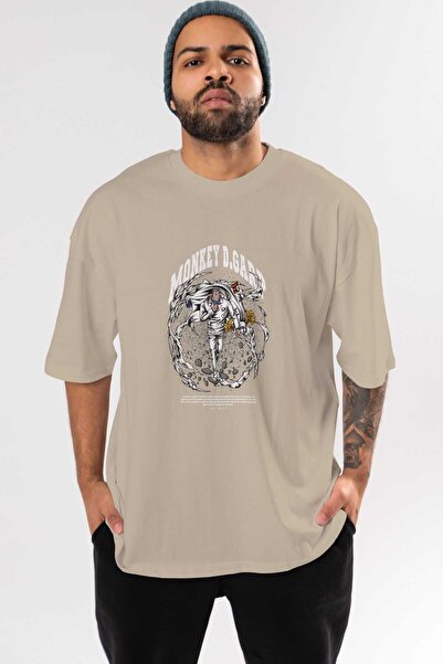 Ankhises Monkey D. Garp Anime Front Štampano Bež Oversize kroj T-shirt Muškar...