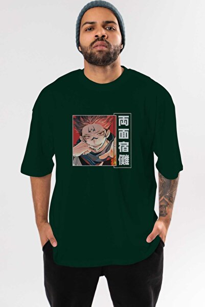 Ankhises Sukuna Ryoumen 4 Anime Front Štampano Emerald Green Oversize kroj T-...
