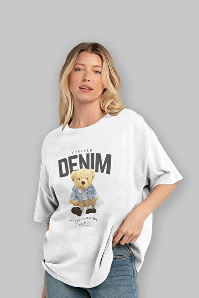 Ankhises Medvedić zauvek Denim Prednja strana Štampano Bela Oversize kroj T-s...