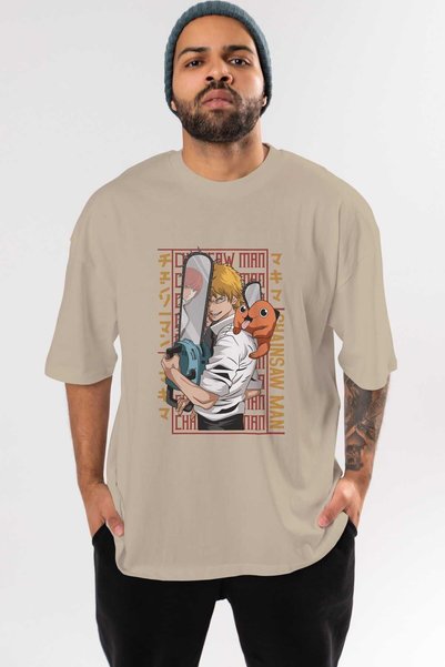 Ankhises Motorna testera DENJI Anime Front Štampano Bež Oversize kroj T-shirt...