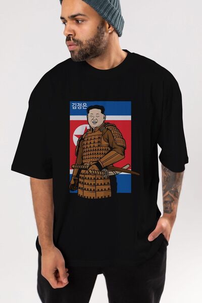 Ankhises Samurai Jong Un Front Štampano Crna Oversize kroj T-shirt Unisex Muš...