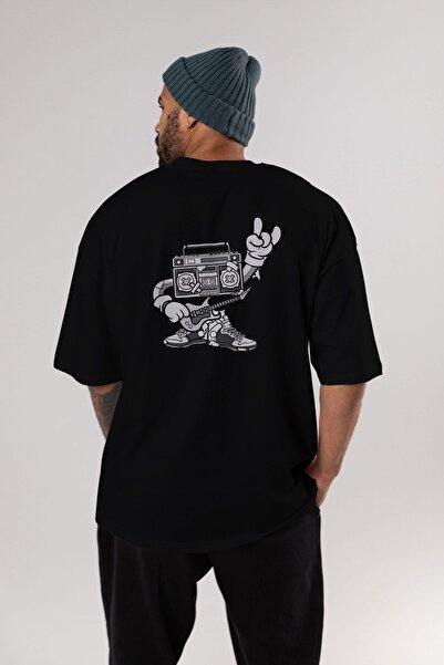 Ankhises Boombox Rockstar Back Štampano Crna Oversize kroj T-shirt Unisex Muš...