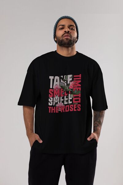 Ankhises Odvojite vreme da osetite miris Front Štampano Black Oversize kroj T...