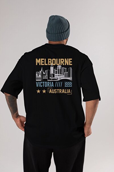 Ankhises Tricou oversize negru cu imprimeu pe spate Melbourne, unisex, bărbaț...