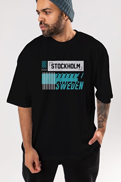Ankhises Stockholm Front Štampano Crna Oversize kroj T-shirt Unisex Muškarci ...
