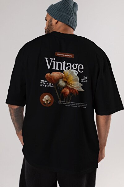 Ankhises Vintage cvetni leđa Štampano crna Oversize kroj T-shirt muškarci žen...