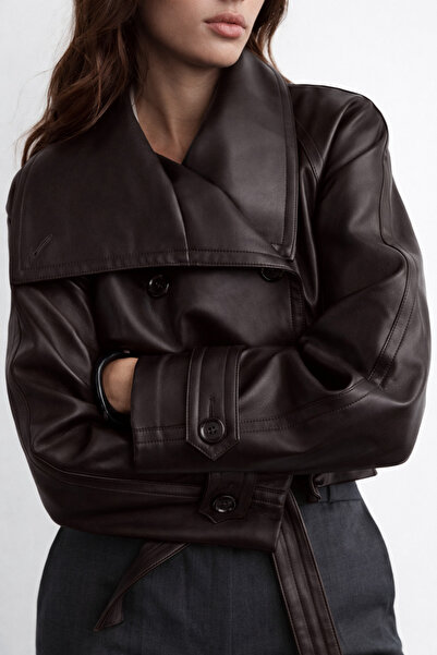 BELİZMOD PB διπλό πέτο Κουμπιά ΚΑΦΕ Γυναικείο Μπουφάν D Δερμάτινο