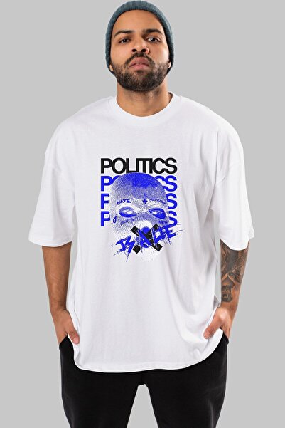 Ankhises Muška i ženska bijela Oversize kroj T-shirt - Politika je laž Prednj...