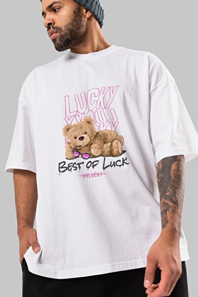 Ankhises Najbolje od Lucky Bear Front Štampano Belo Oversize kroj T-shirt Uni...