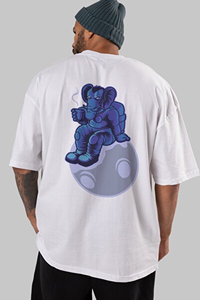 Ankhises Bela Oversize kroj T-shirt - Svemirski slon, piće, zadnja strana, un...