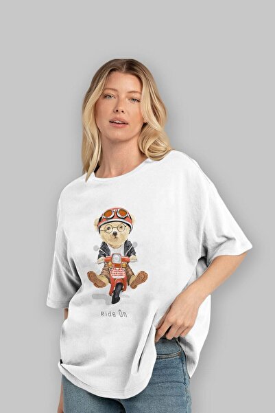 Ankhises Teddy Bear Ride On μπροστινό εμπριμέ λευκό μπλουζάκι υπερμεγέθη ανδρ...