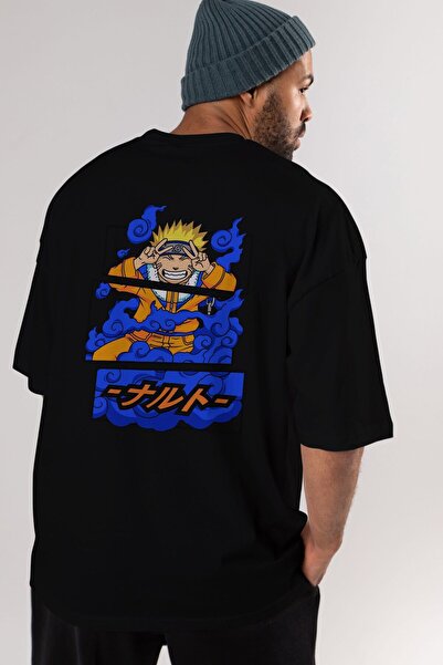 Ankhises Naruto Uzumaki Anime Leđa Štampano Crna Oversize kroj T-shirt Muškar...