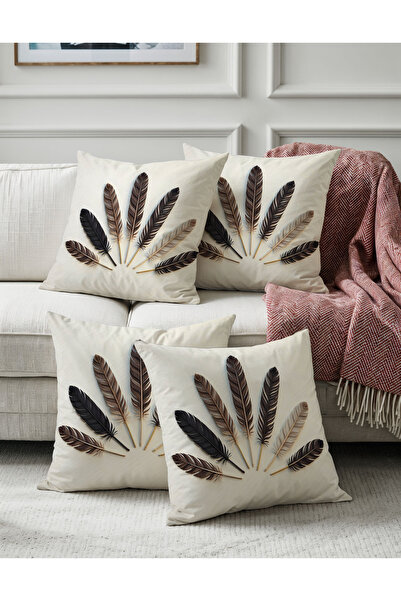 Sakallı Krem Zemin Gri Şans Tüyü Desenli Dijital Baskılı Dekoratif 4lü Kırlen...