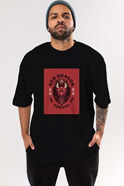 Ankhises Red Dragon Front Štampano Crna Oversize kroj T-shirt Unisex Muškarci...