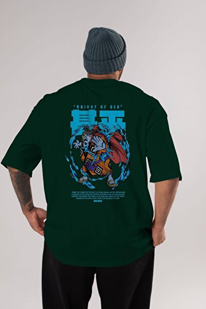 Ankhises Jinbei Anime Back Štampano Emerald Green Oversize kroj T-shirt Pamuk...