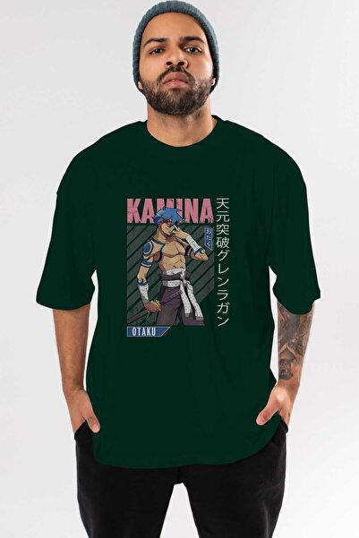 Ankhises Kamina 5 Anime Front Štampano Emerald Green Oversize kroj T-shirt Mu...