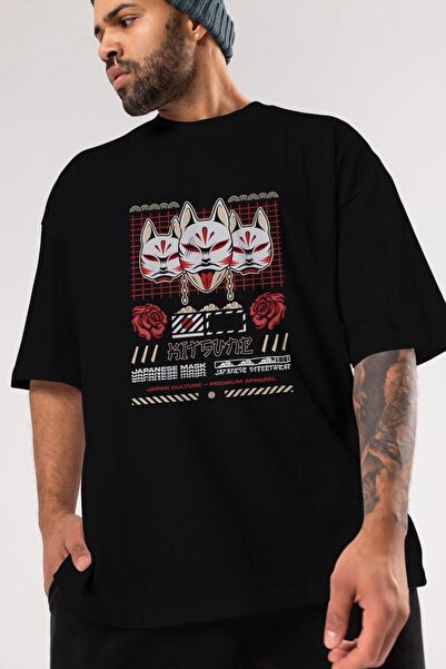 Ankhises Kitsune japanska maska prednja Štampano crna Oversize kroj T-shirt u...
