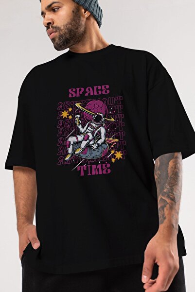 Ankhises Svemir Vreme Astronaut Prednja Štampano Crna Oversize kroj T-shirt U...