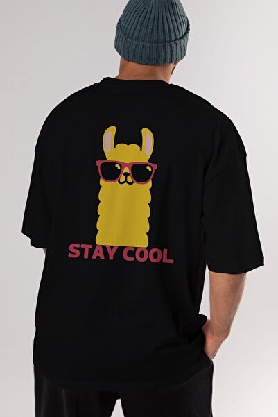 Stay Cool Printed Llama Back Printed Black Oversize T-shirt Men Women Crew Neck