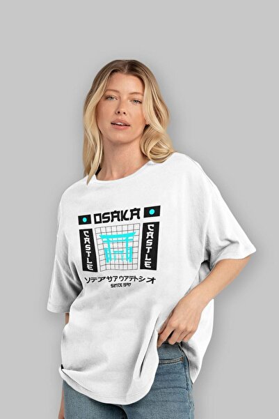 Ankhises Osaka Castle 1597 Prednja strana Štampano Bela Oversize kroj T-shirt...