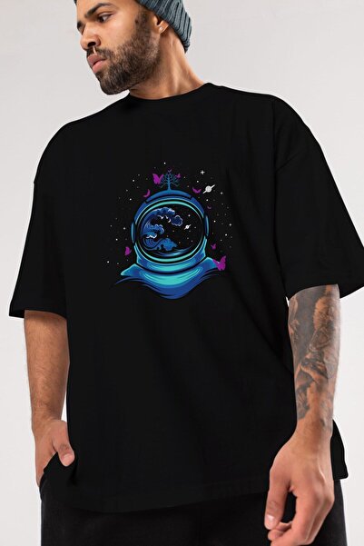 Ankhises Astronaut i leptir prednja strana Štampano crna Oversize kroj T-shir...