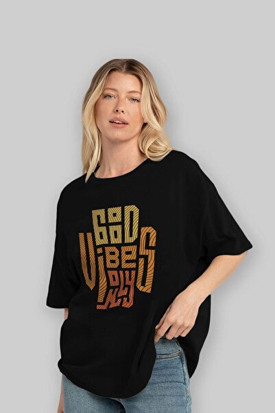 Ankhises Good Vibes Only Yazılı Ön Baskılı Siyah Oversize T-shirt Unisex Erke...