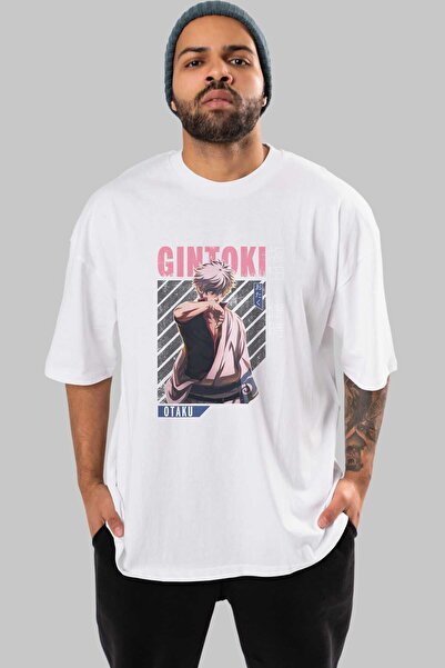 Ankhises Gintoki Sakata Anime μπροστινό εμπριμέ λευκό μπλουζάκι Oversize Ανδρ...