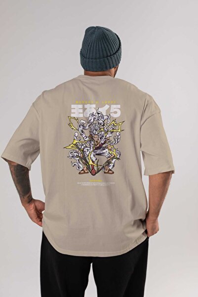 Ankhises Monkey D. Luffy Anime Leđa Štampano Bež Oversize kroj T-shirt 100% p...